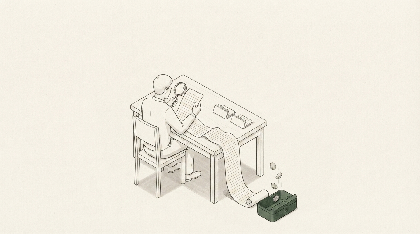 A line drawing of a person at a plain desk seen from behind, holding a long subscription list that unrolls off the desk and onto the floor, a magnifying glass over 1 line partway down, and coins falling from the end of the list into an open green money box.
