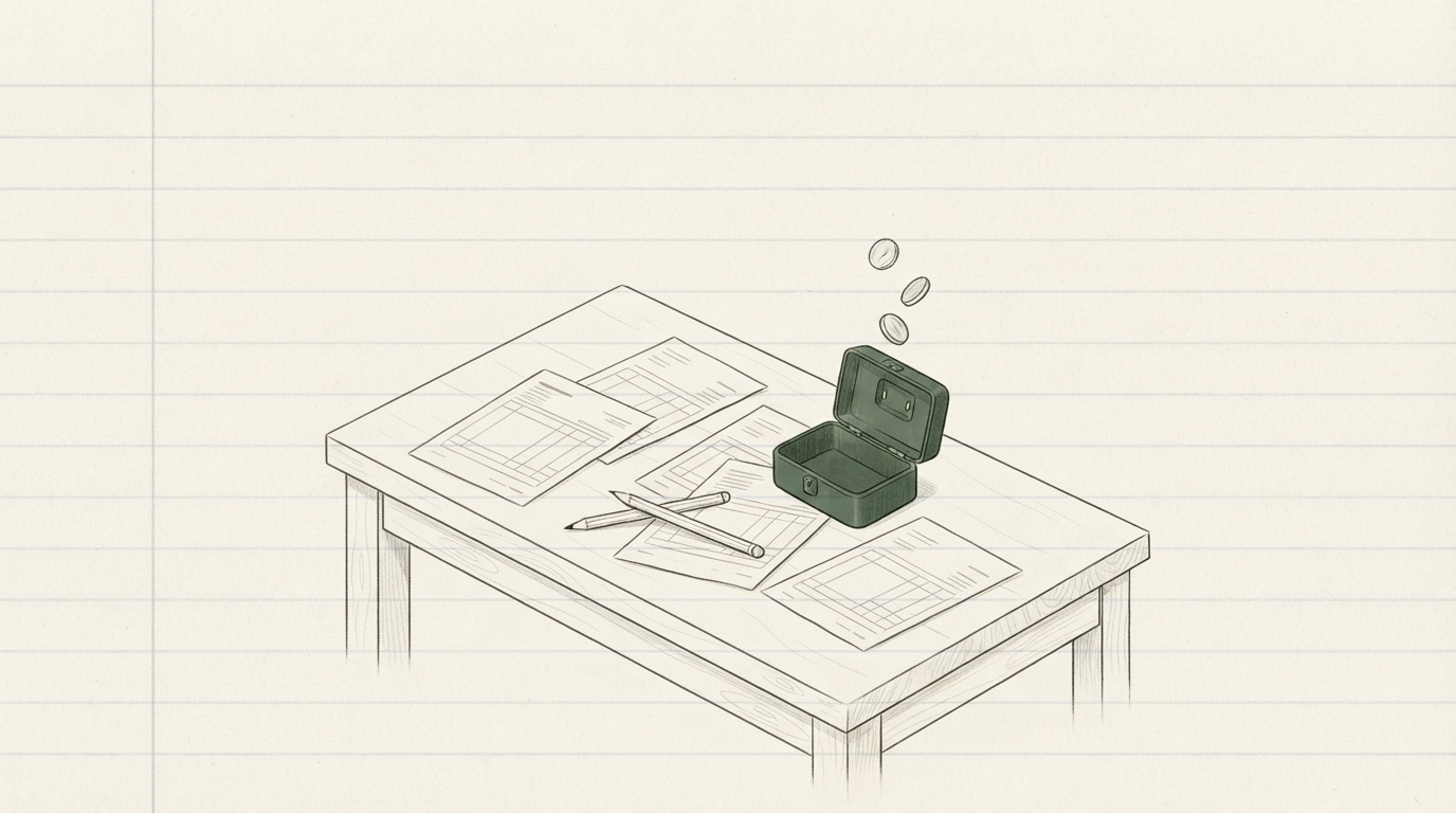 A messy desk with several work order forms and a small green money box receiving coins.