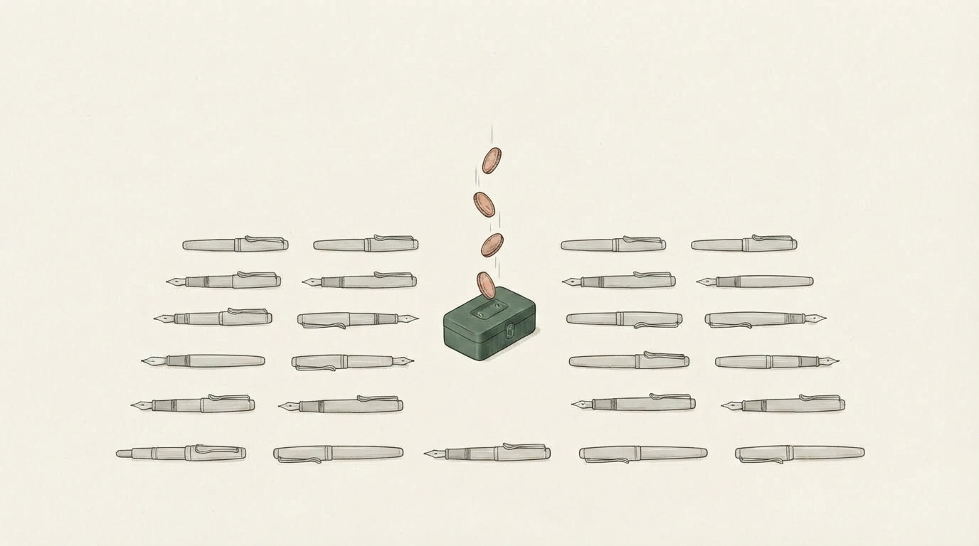 An illustration of 20 fountain pens laid out in a grid, 1 for each consultant in a practice, with an open green cash box at the centre and a short stack of coins dropping into it.