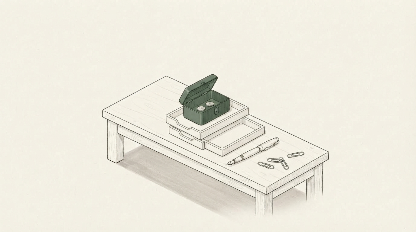 A line drawing of 2 stacked document trays on a plain wooden table beside a fountain pen and 4 paperclips, with an open green money box holding 2 coins resting on the top tray.
