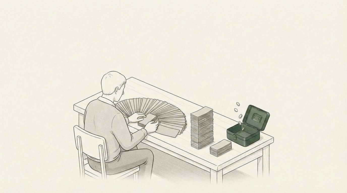 An illustration of a person at a long desk sorting a wide fan of paper slips into 2 piles, a much larger discarded pile and a small kept pile, with an open green cash box beside the small pile and coins going into it.