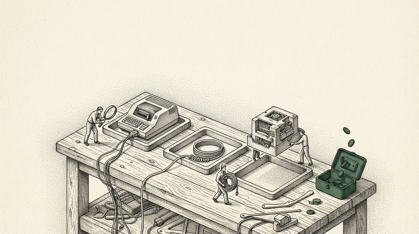 A vintage etching of a workbench where tiny figures work on office machines: 1 inspects a kept machine with a magnifying glass, 1 carries away an unplugged cable, 1 lowers a replacement into place, and coins fall into a green money box.