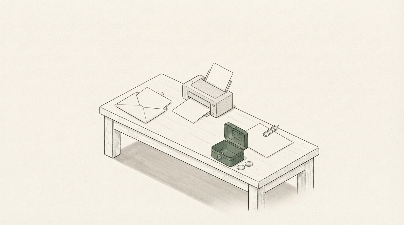 A minimal ink drawing of a wooden table holding 3 blank sheets of paper that arrived 3 ways: 1 beside an open envelope, 1 coming out of a small printer, 1 under a paperclip. A small green money box sits open near the front edge with 2 coins beside it.