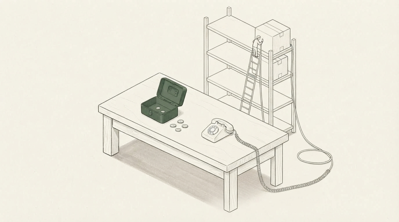 A minimal ink drawing of a desk telephone whose long coiled cord runs off the desk, across the floor and up a tall warehouse shelf in the background, where a tiny figure on a ladder is reading the side of a box. On the desk beside the phone sits an open green cash box, the only colored object, with a few coins scattered next to it.