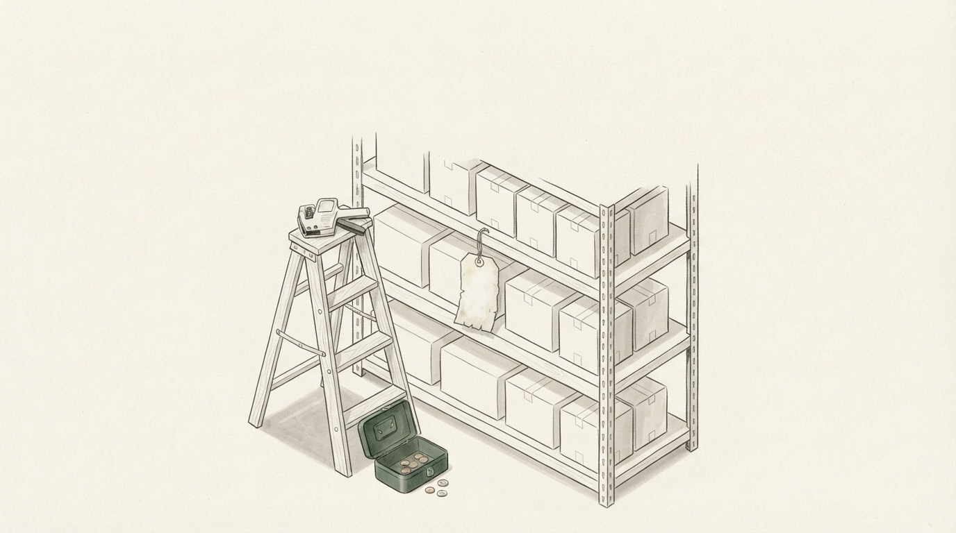 A loose ink and watercolor drawing of a tall warehouse shelf stacked with plain cardboard cases. 1 faded blank paper tag hangs from the middle shelf on a string. A wooden stepladder stands beside the shelf with a hand-held label gun resting on its top step, unused. An open green money box, the only colored object, sits at the foot of the ladder with a few coins in it.
